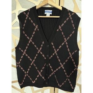 Vintage Pendleton Sweater Vest Large Black 100% Virgin Wool Tartan Plaid Ribbon